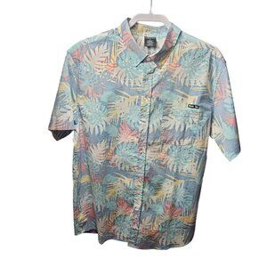 Mens Large Rising Tide Aloha Camp Shirt Blue Tropical Print Cotton Spandex Blend